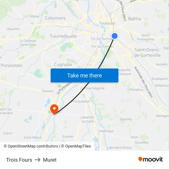 Trois Fours to Muret map