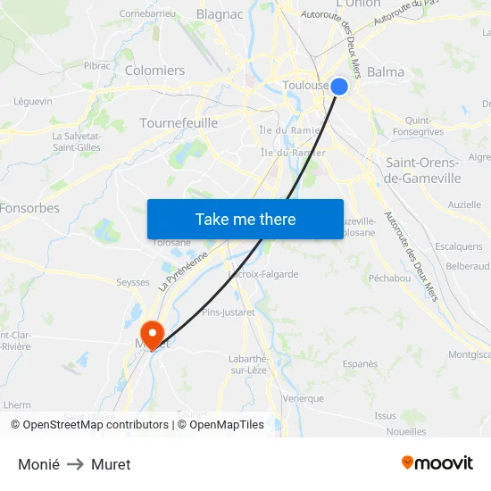 Monié to Muret map