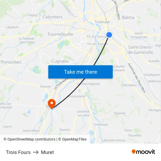 Trois Fours to Muret map