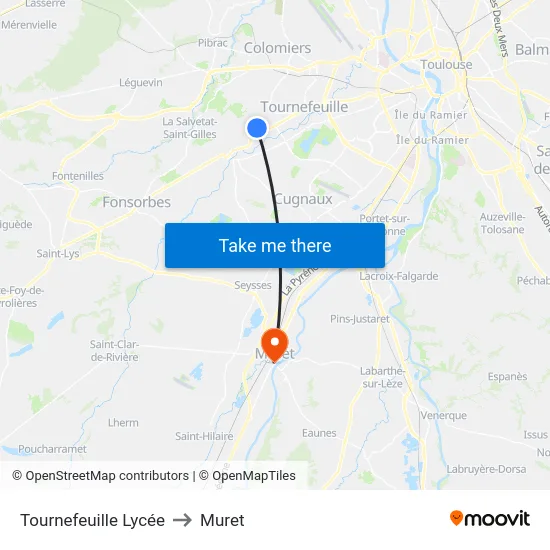 Tournefeuille Lycée to Muret map