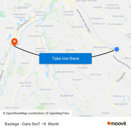 Baziege - Gare Sncf to Muret map