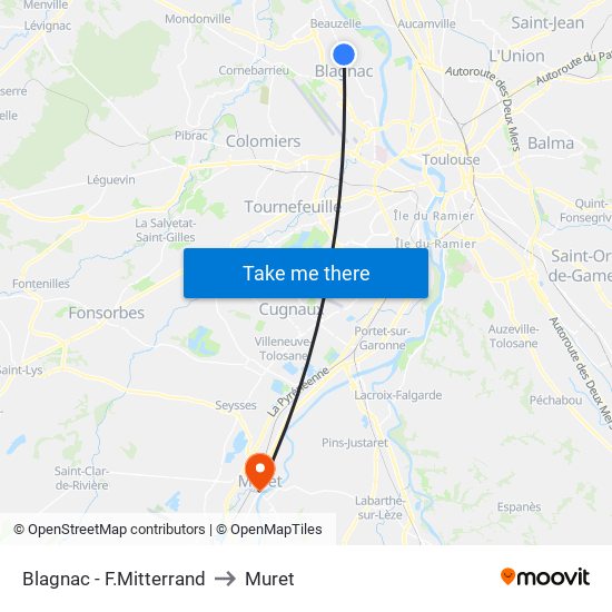 Blagnac - F.Mitterrand to Muret map