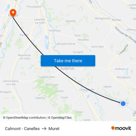 Calmont - Canelles to Muret map