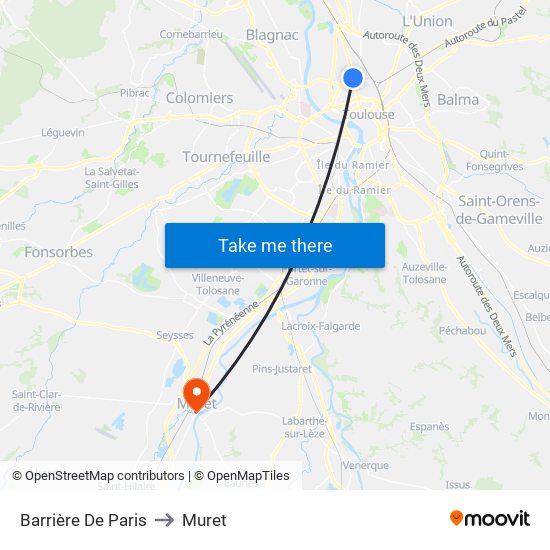 Barrière De Paris to Muret map