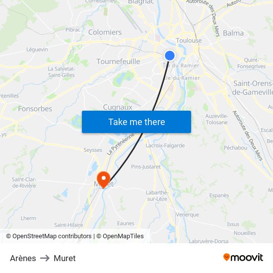 Arènes to Muret map