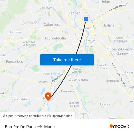 Barrière De Paris to Muret map