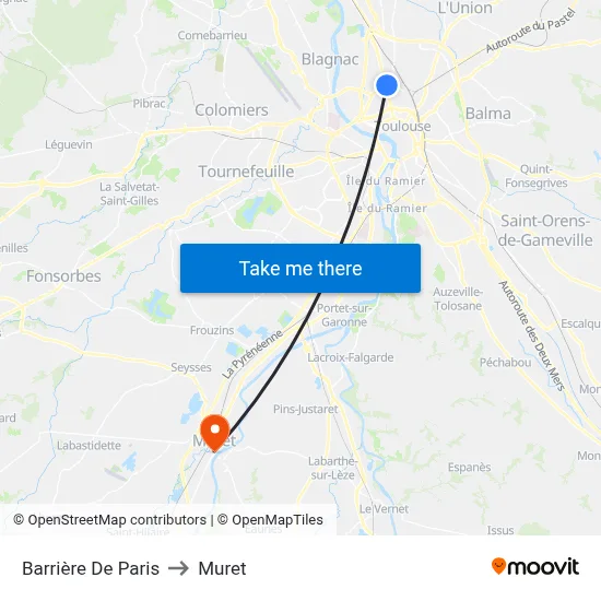 Barrière De Paris to Muret map