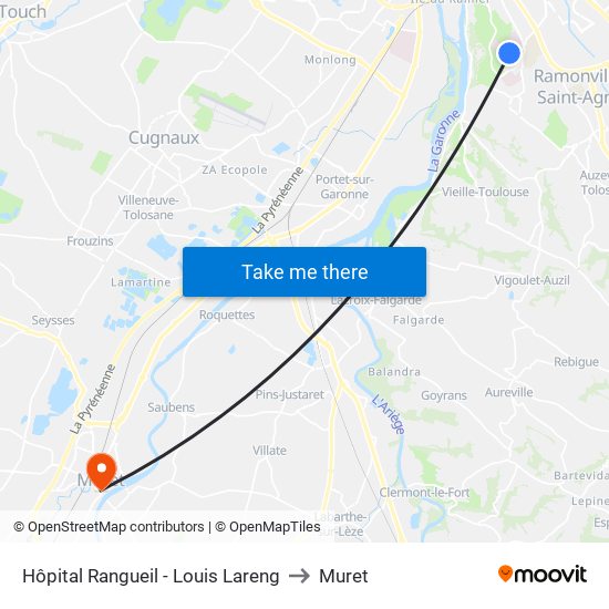 Hôpital Rangueil - Louis Lareng to Muret map