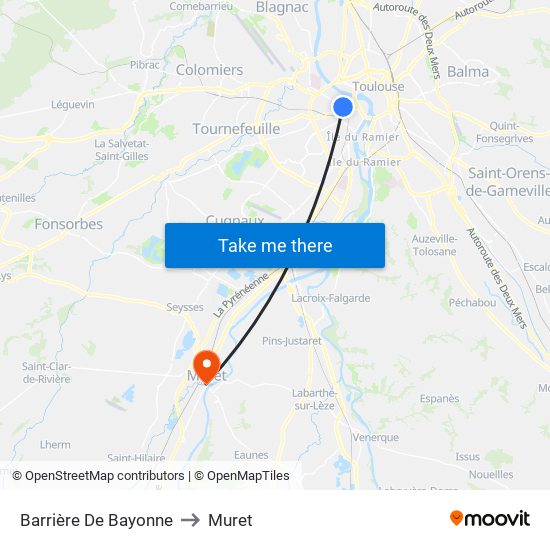 Barrière De Bayonne to Muret map