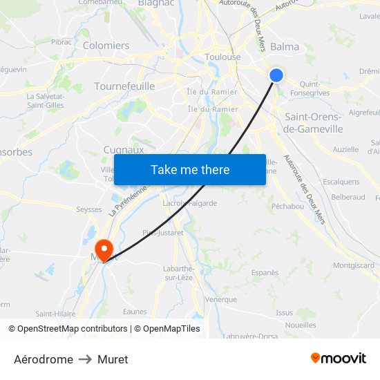 Aérodrome to Muret map