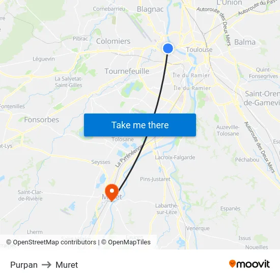 Purpan to Muret map