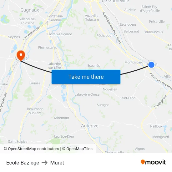 Ecole Baziège to Muret map