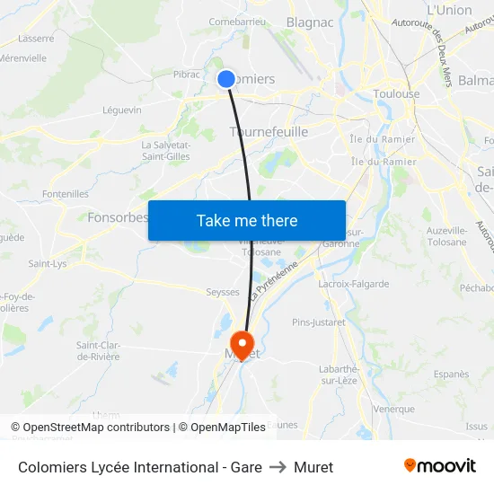 Colomiers Lycée International - Gare to Muret map