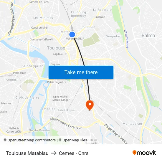 Toulouse Matabiau to Cemes - Cnrs map
