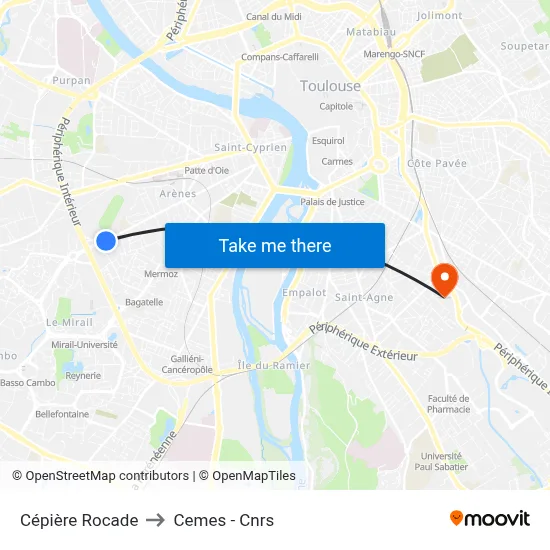Cépière Rocade to Cemes - Cnrs map