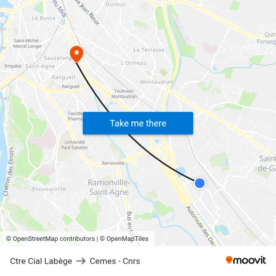 Ctre Cial Labège to Cemes - Cnrs map