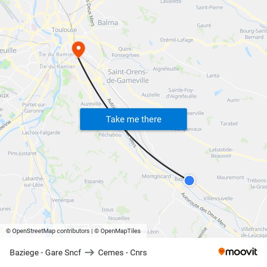 Baziege - Gare Sncf to Cemes - Cnrs map