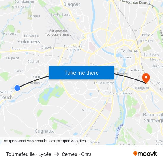 Tournefeuille - Lycée to Cemes - Cnrs map