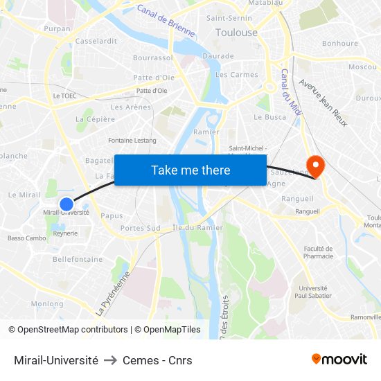 Mirail-Université to Cemes - Cnrs map