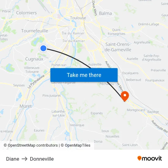 Diane to Donneville map