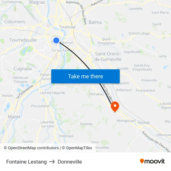 Fontaine Lestang to Donneville map