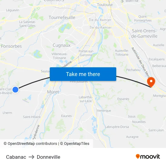 Cabanac to Donneville map