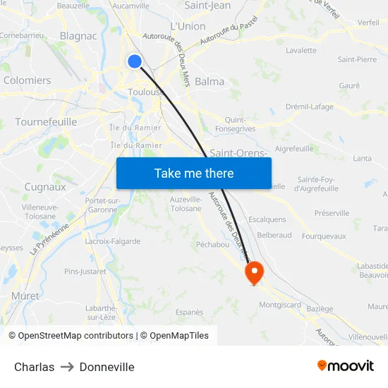 Charlas to Donneville map