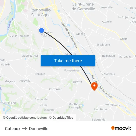 Coteaux to Donneville map