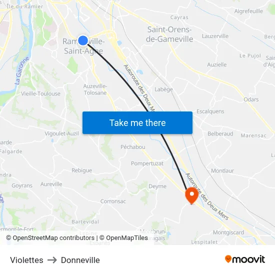 Violettes to Donneville map