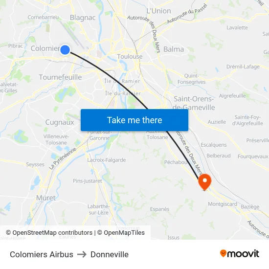 Colomiers Airbus to Donneville map