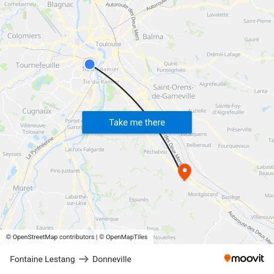 Fontaine Lestang to Donneville map
