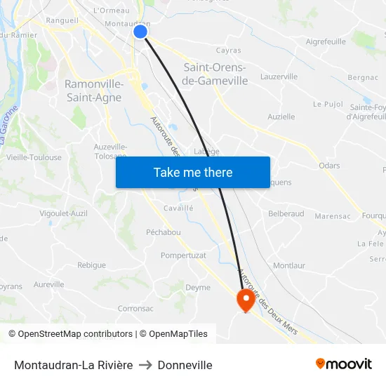 Montaudran-La Rivière to Donneville map