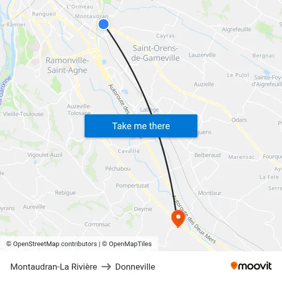 Montaudran-La Rivière to Donneville map