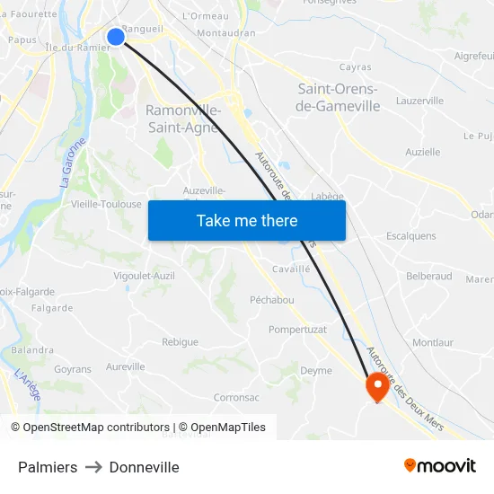 Palmiers to Donneville map