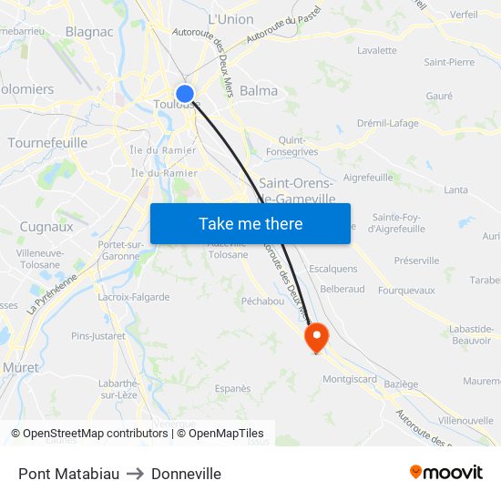 Pont Matabiau to Donneville map