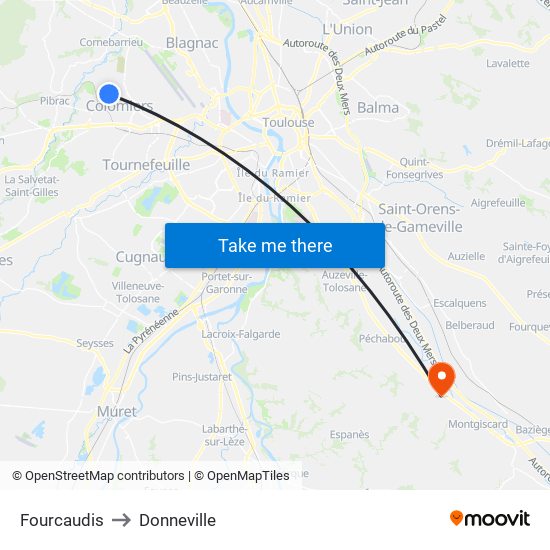 Fourcaudis to Donneville map