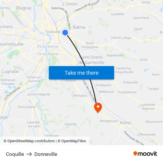 Coquille to Donneville map