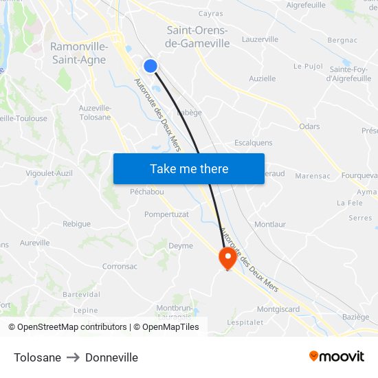 Tolosane to Donneville map