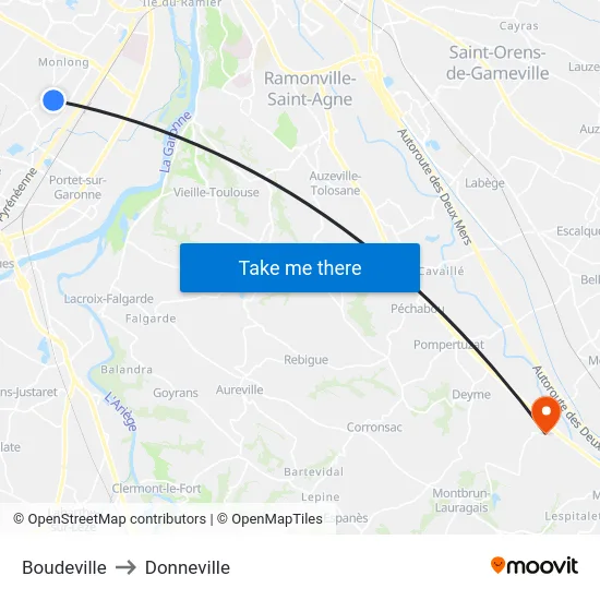 Boudeville to Donneville map
