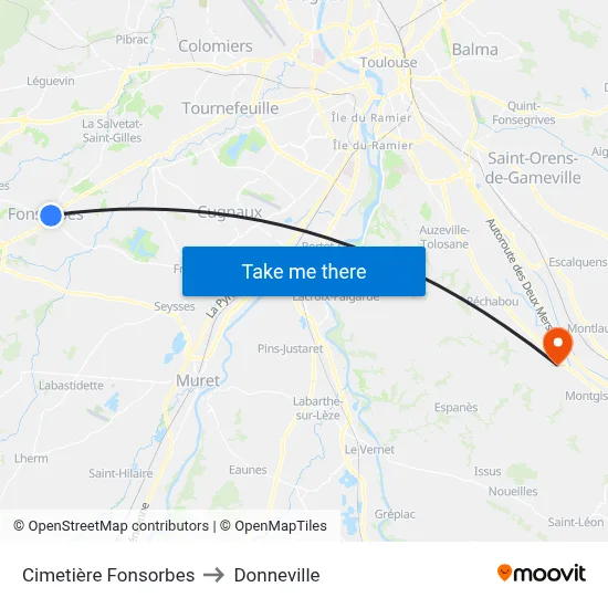 Cimetière Fonsorbes to Donneville map