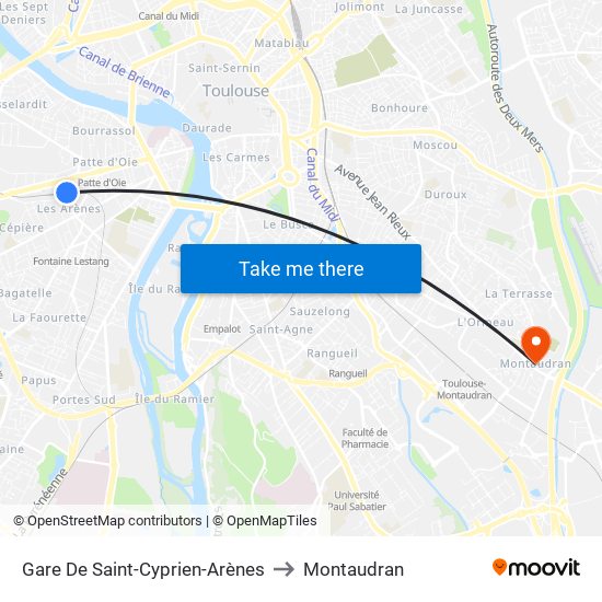 Gare De Saint-Cyprien-Arènes to Montaudran map