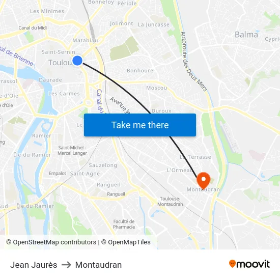 Jean Jaurès to Montaudran map