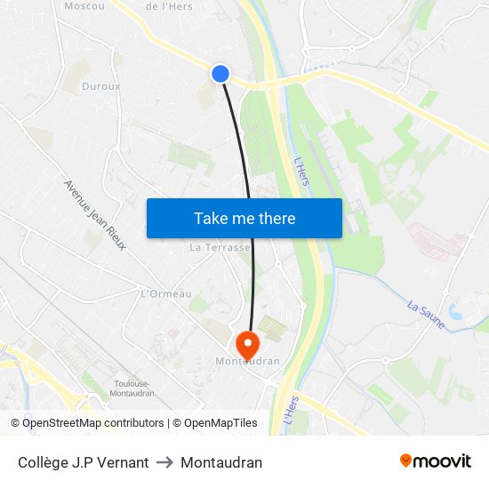 Collège J.P Vernant to Montaudran map