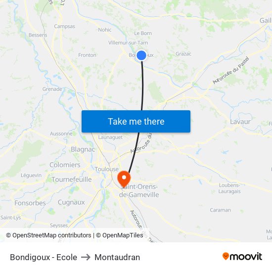 Bondigoux - Ecole to Montaudran map