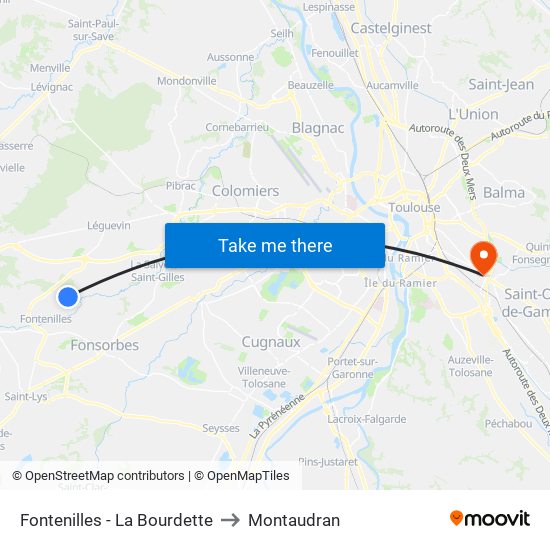 Fontenilles - La Bourdette to Montaudran map