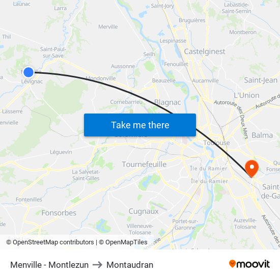 Menville - Montlezun to Montaudran map