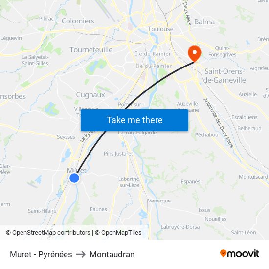 Muret - Pyrénées to Montaudran map