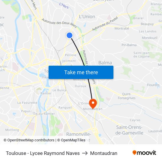 Toulouse - Lycee Raymond Naves to Montaudran map