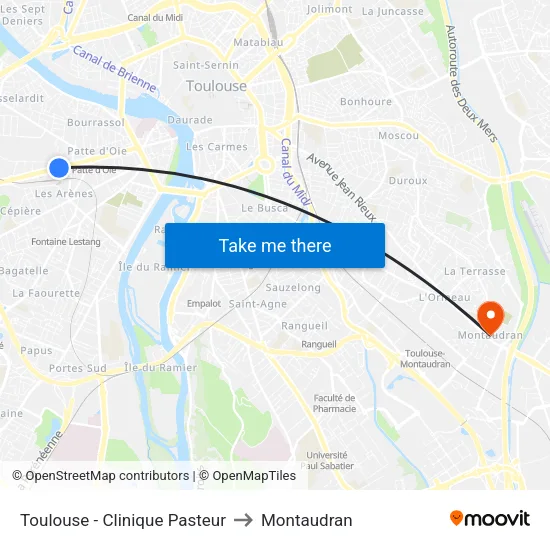 Toulouse - Clinique Pasteur to Montaudran map