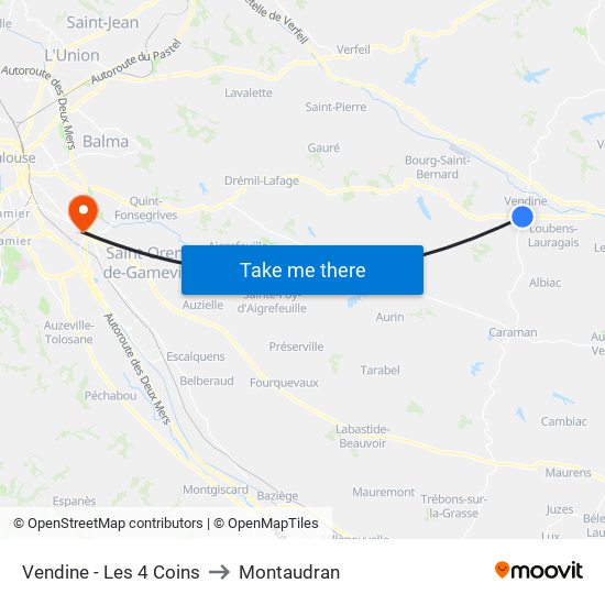 Vendine - Les 4 Coins to Montaudran map
